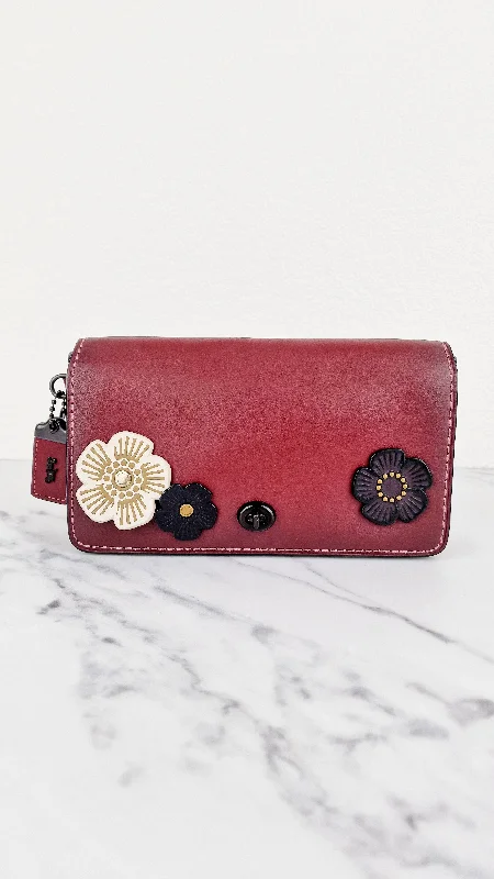 Coach 1941 Dinky Crossbody Bag in Burgundy Smooth Leather With Coach Create Customized Tea Roses - Coach 38185