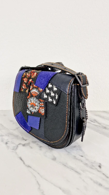 Coach 1941 Saddle 23 Bag in Black Smooth Leather with Patchwork Detail - Purple Orange Crossbody Shoulder Bag Coach 56639