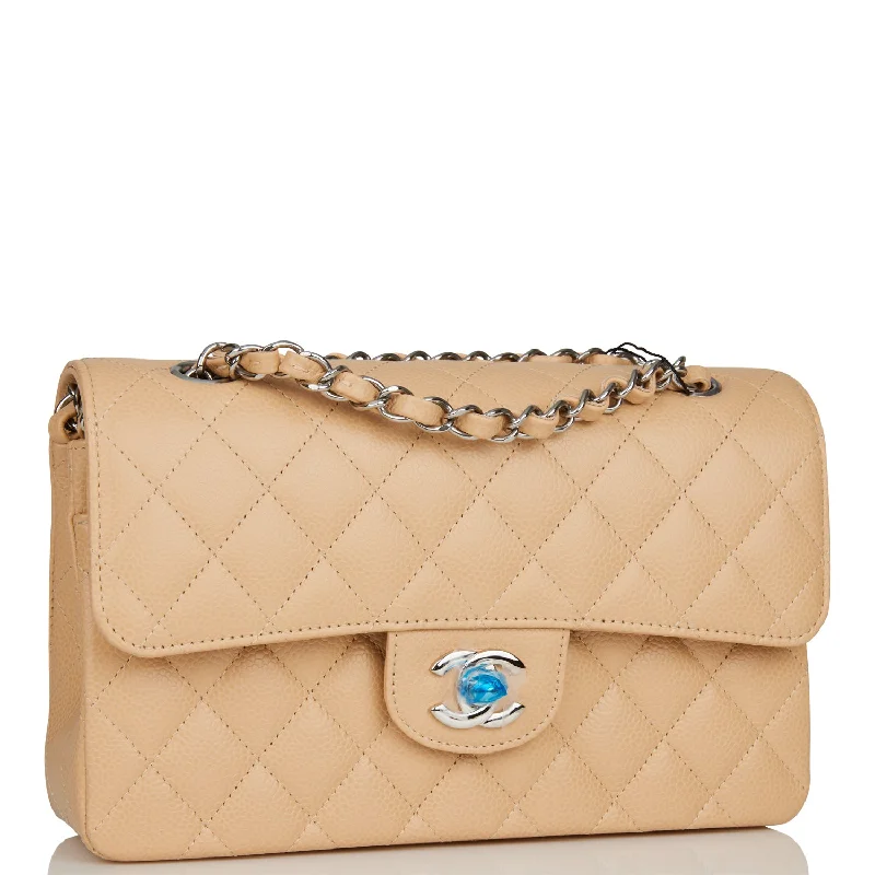 Chanel Small Classic Double Flap Bag Beige Caviar Silver Hardware