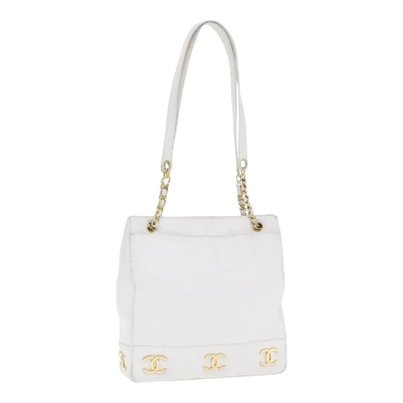 CHANEL Chain Shoulder Bag Caviar Skin White Gold CC  bs17674