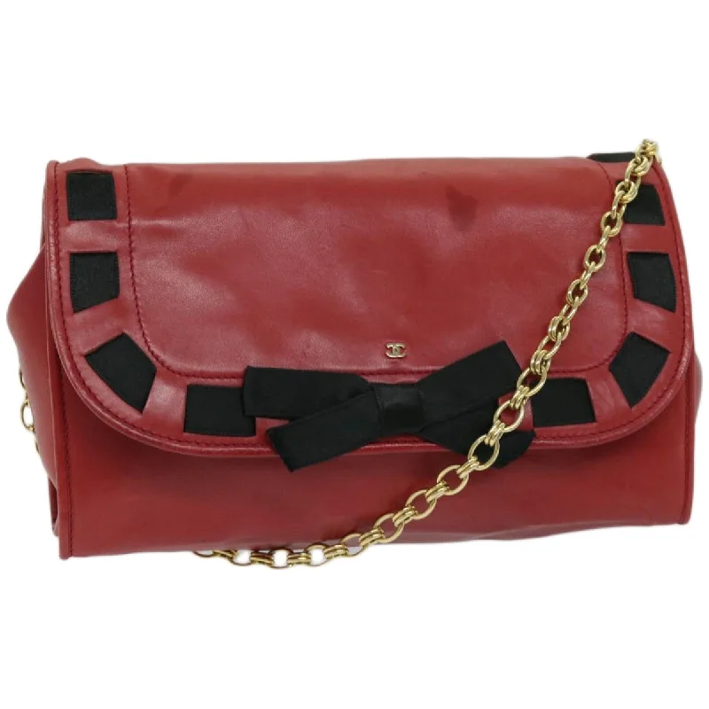 CHANEL COCO Mark Ribbon Chain Shoulder Bag Lamb Skin Red CC  yk10943