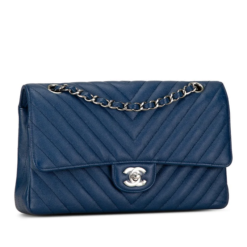 Chanel Coco V Stitch Double Flap Chain Shoulder Bag Blue Leather  Chanel