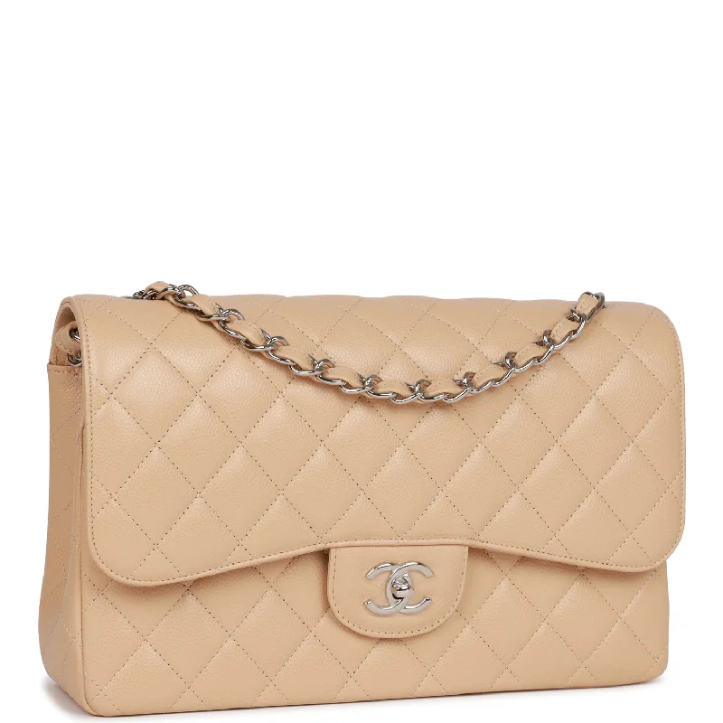 Chanel Jumbo Classic Double Flap Bag Beige Caviar Silver Hardware