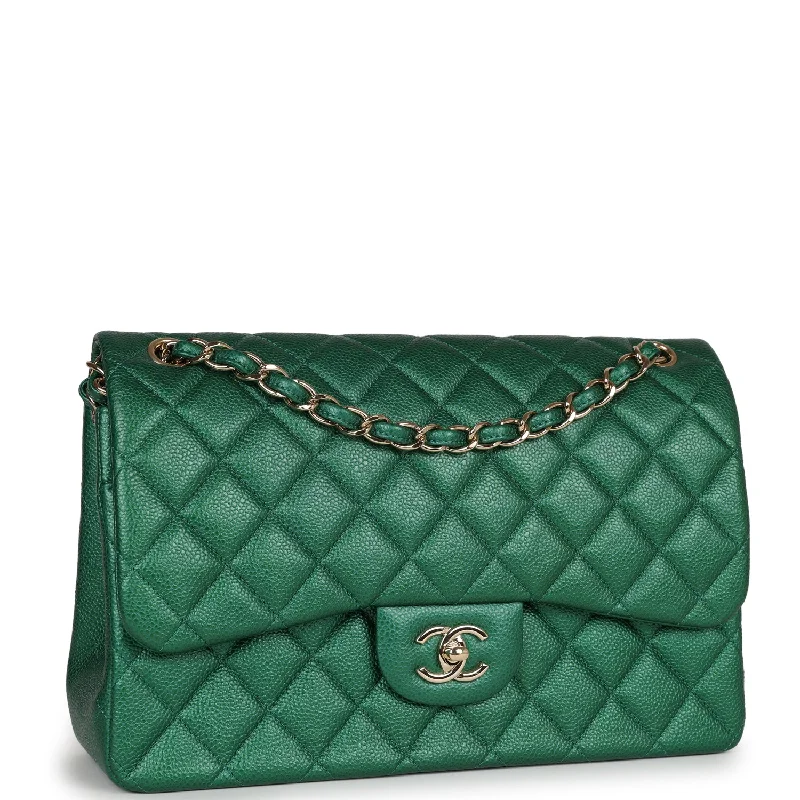 Chanel Jumbo Classic Double Flap Bag Emerald Green Caviar Light Gold Hardware