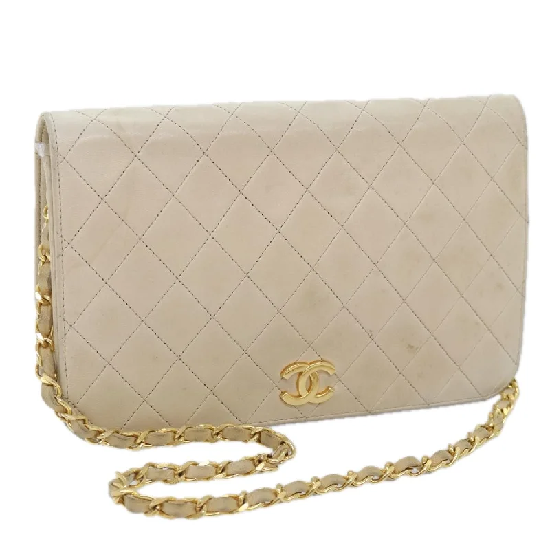 CHANEL Matelasse Chain Shoulder Bag Lamb Skin Beige Gold CC  93236