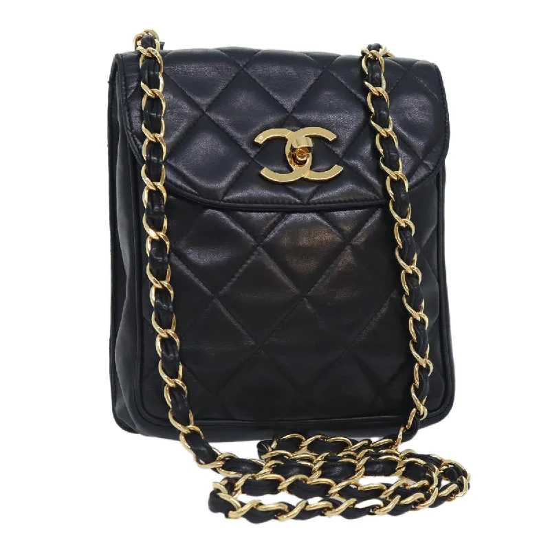 CHANEL Matelasse Chain Shoulder Bag Lamb Skin Black CC  yk14961A