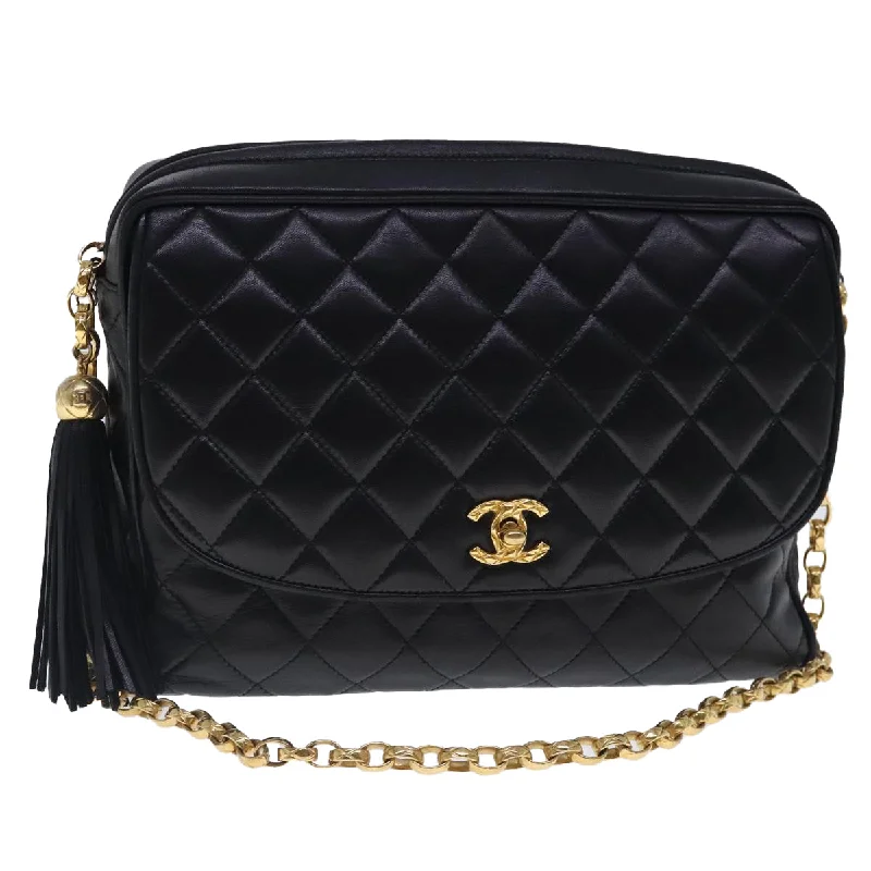 CHANEL Matelasse Chain Shoulder Bag Lamb Skin Black Gold CC  kk365A