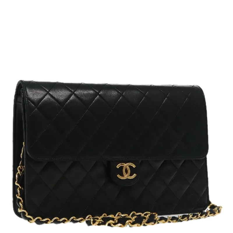 CHANEL Matelasse Chain Shoulder Bag Lamb Skin Black Gold CC  yk15430