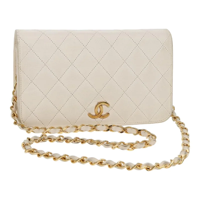 CHANEL Matelasse Chain Shoulder Bag Lamb Skin White Gold CC  yk14800