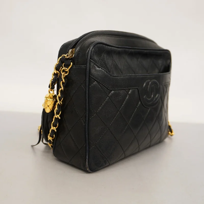 CHANEL  Matelasse Chain Shoulder With Fringes Leather Shoulder Bag Black