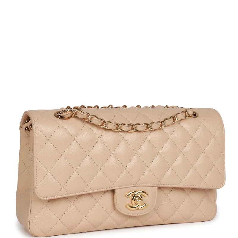 Chanel Medium Classic Double Flap Bag Beige Caviar Gold Hardware