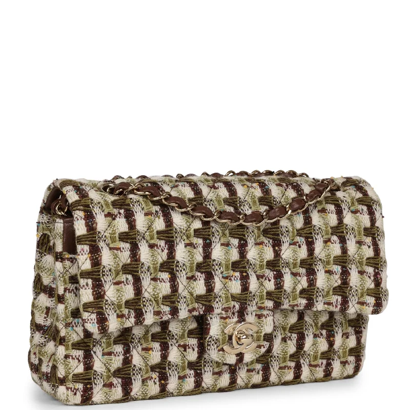 Chanel Medium Classic Double Flap Bag Brown, Green, and White Tweed Light Gold Hardware