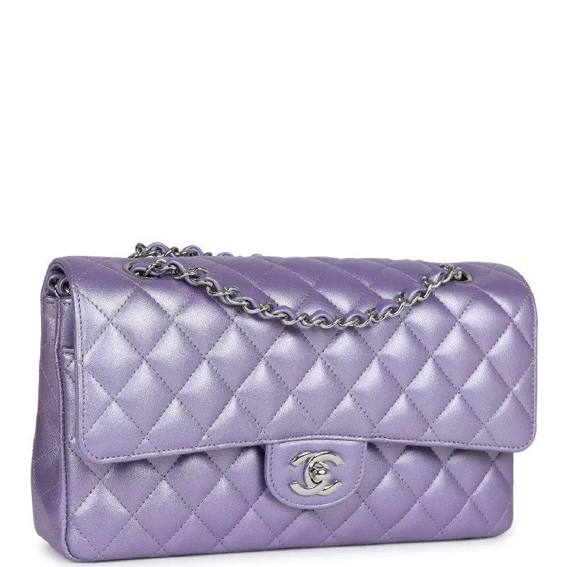 Chanel Medium Classic Double Flap Bag Purple Metallic Lambskin Silver Hardware