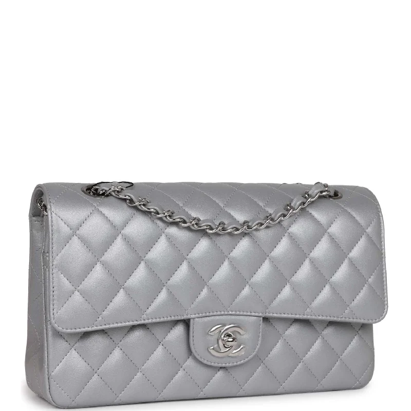 Chanel Medium Classic Double Flap Bag Silver Metallic Lambskin Silver Hardware