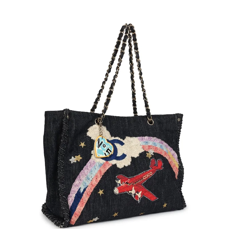 Chanel Night Flight Embroidered Shopping Tote Multicolored Denim Gold Hardware