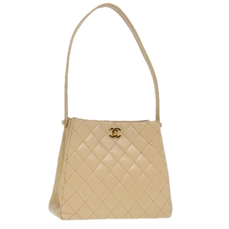 CHANEL Shoulder Bag Caviar Skin Beige Gold CC  bs17980