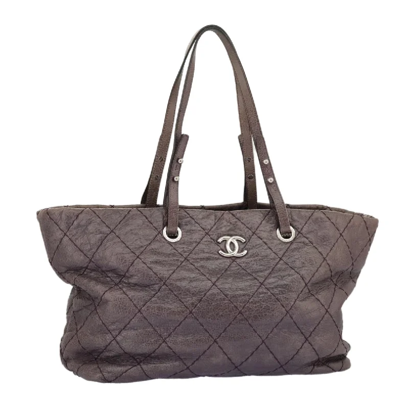 CHANEL Wild Stitch Tote Bag Leather Purple Silver CC  bs19398