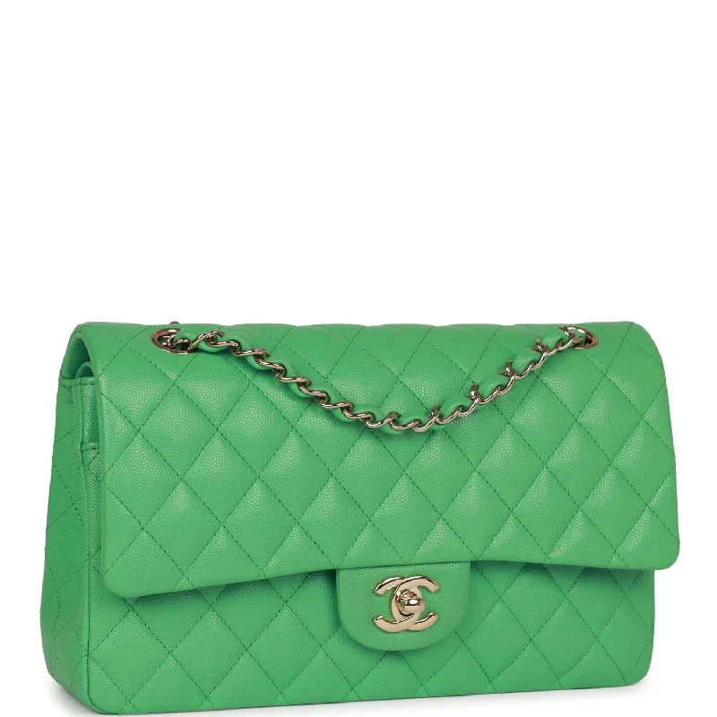 Chanel Medium Classic Double Flap Bag Green Caviar Light Gold Hardware