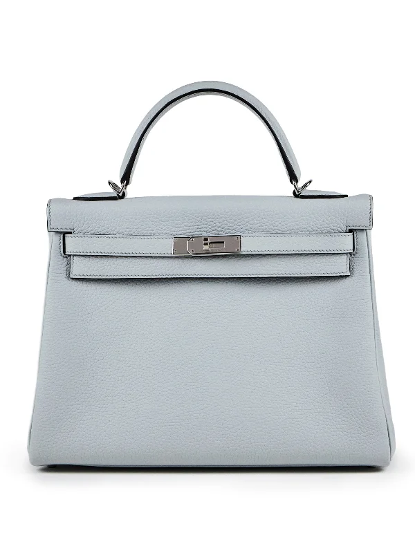 HERMÈS KELLY 32CM BLUE PALE Clemence Leather with Palladium Hardware