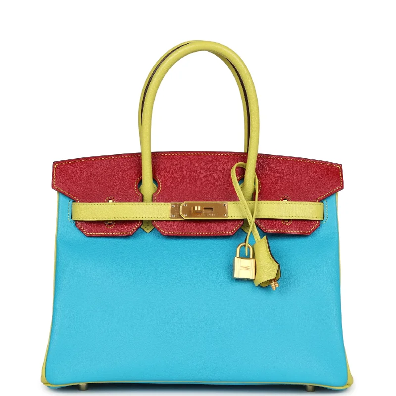 Hermes Special Order (HSS) Tri-color Birkin 30 Bleu Aztec, Soufre and Rouge Vif Chevre Brushed Gold Hardware