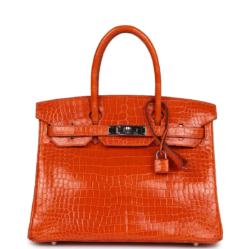 Pre-owned Hermes Birkin 30 Orange Shiny Porosus Crocodile Palladium Hardware