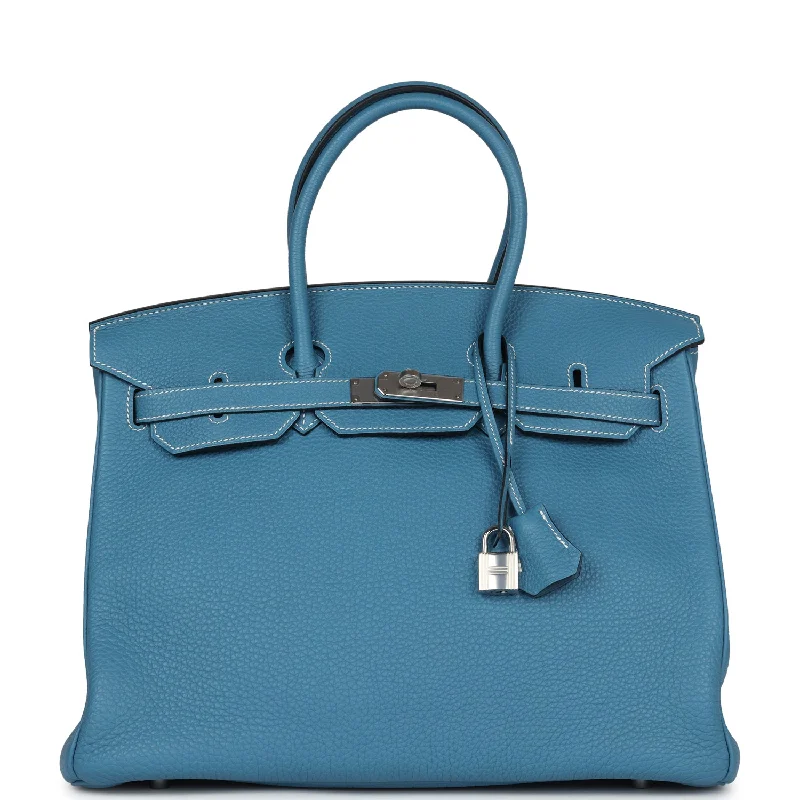 Pre-owned Hermes Birkin 35 Blue Jean Togo Palladium Hardware