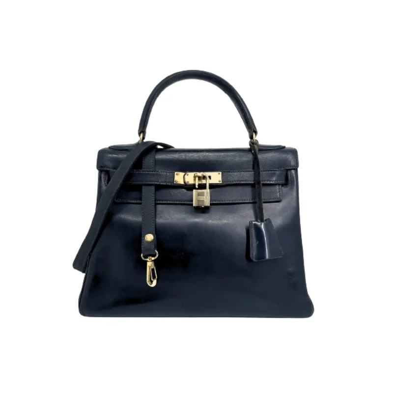 Sac HERMES Kelly 28 Box Bleu Marine